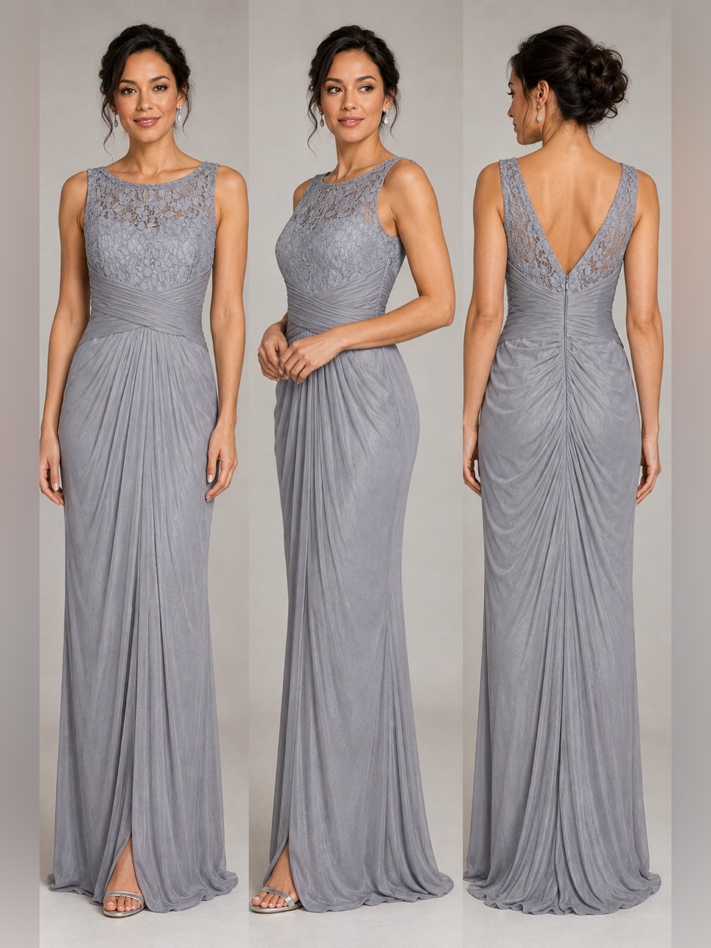 David's Bridal Style 8114 Pewter Lace Ruched
Formal Maxi Dress, Size 6